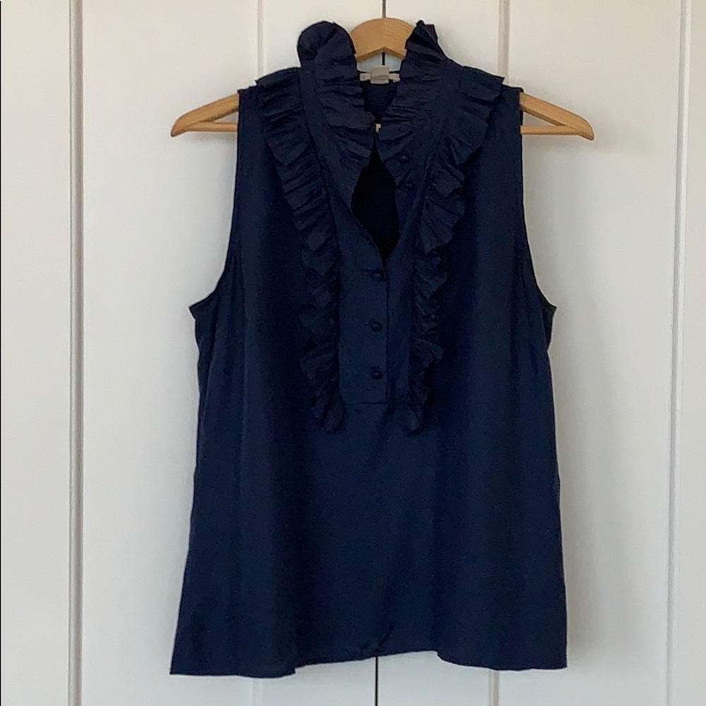 J.Crew navy silk ruffle neck top